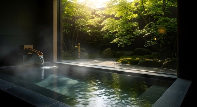 Japanese indoor hot spring pool with garden view