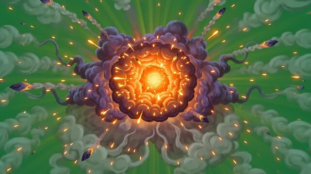 Explosive blast wave with flying projectiles and smoke plumes emanating from a bright fiery core against a vibrant green background