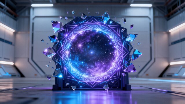Futuristic portal with cosmic galaxy
