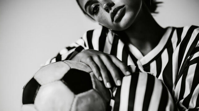 Close-up of a woman's torso and hand holding a soccer ball, stylish sporty attire, dynamic and modern sports fashion