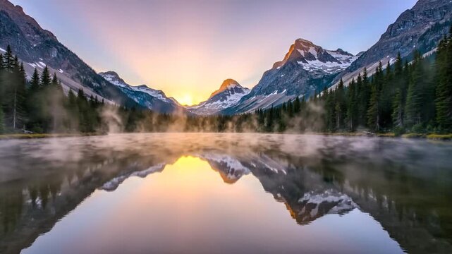 Sunrise over misty mountain lake with snow capped peaks