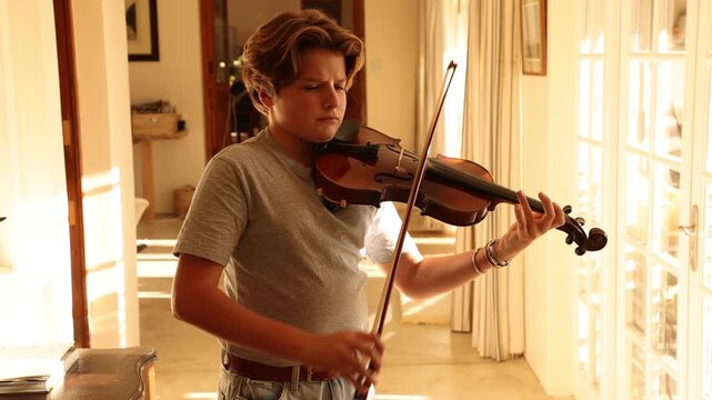 pre teen boy playing violin at home at sunset