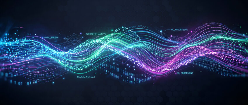 Abstract futuristic artificial intelligence data stream visualization with glowing neon waves and binary code