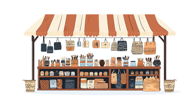 Striped market canopy with hanging bags and pottery shelves