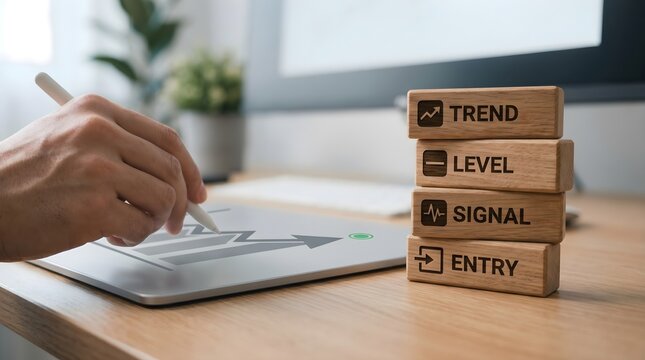 Business strategy with wooden blocks on desk in office trend analysis  level signal entry signal and line