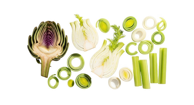 Fresh artichoke, fennel bulbs, leek slices and celery stalks isolated on transparent background