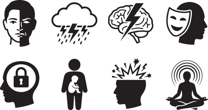 Mental health icons, psychology symbols, emotional wellness graphics, black silhouette set