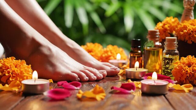 Woman's feet next to candles and aromatherapy oils in spa
