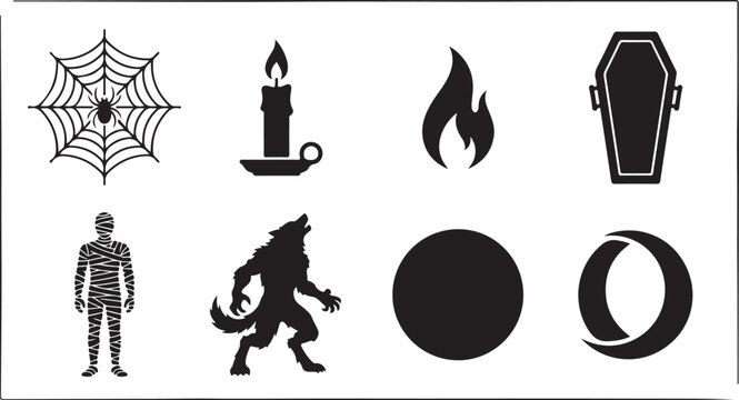 Halloween icons, spooky symbols, black vector graphics, creepy illustrations, 8 elements