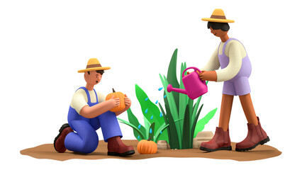 3D render of two farmers planting and watering pumpkins isolated on transparent background © Dilshad