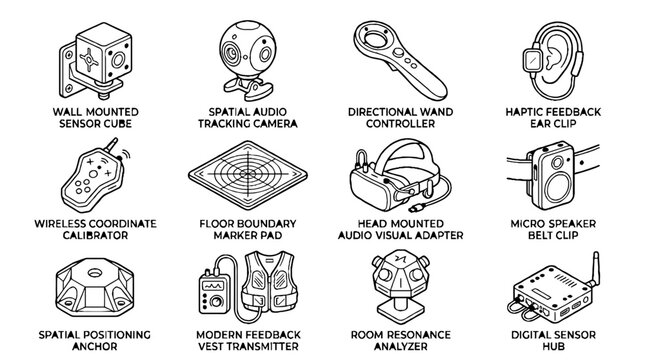 Virtual Reality Hardware and Augmented Reality Equipment Line Art Icon Set.