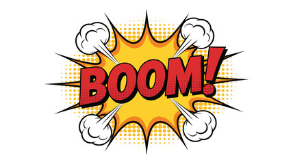 Comic book style explosion graphic with the word BOOM and smoke on a transparent background. © Moynul
