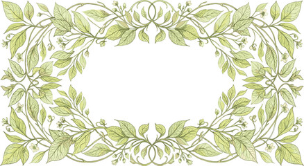 Fototapeta premium Elegant Art Nouveau Floral Border Frame with Vintage Green Leaves Vines and Tiny Blossoms for Organic Cosmetic Packaging and Wedding Invitation Designs