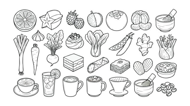 Set of 35 Hand-Drawn Food and Drink Outline Icons Vector isolated PNG with Transparent Background