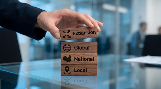 Man holding wooden blocks with global expansion global national and local business icons
