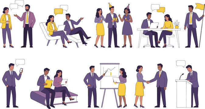 Business people character set with scenes of corporate workers brainstorming presenting interviewing and celebrating success illustration