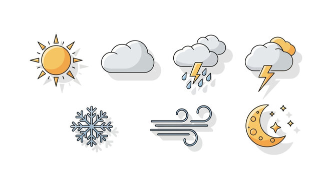 Vibrant set of flat weather vector icons featuring sun cloud rain lightning snowflake wind and moon