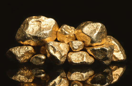 Collection of Raw Gold Nuggets Isolated on Black Background
