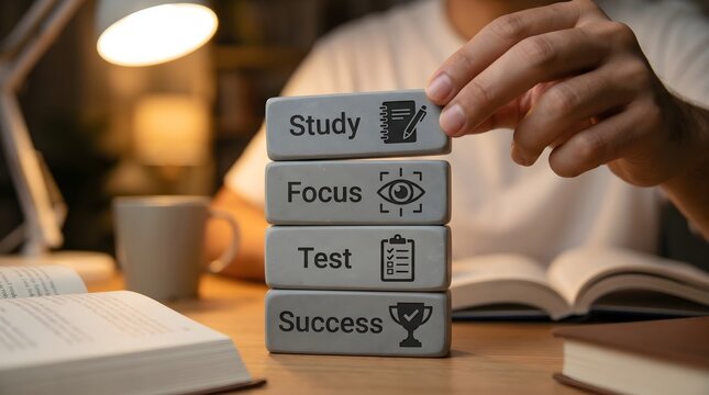 Person stacking blocks with study focus test success on a desk with books