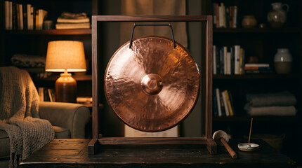 Obraz premium Polished Copper Gong Suspended in Wooden Frame, Ready for Sound Meditation