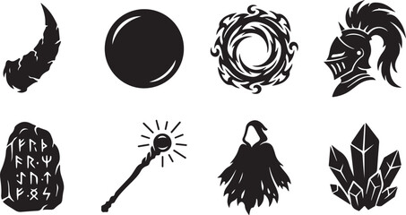 Fantasy icons, magic symbols, black vector set, mystical signs, 8 elements © Nayeem
