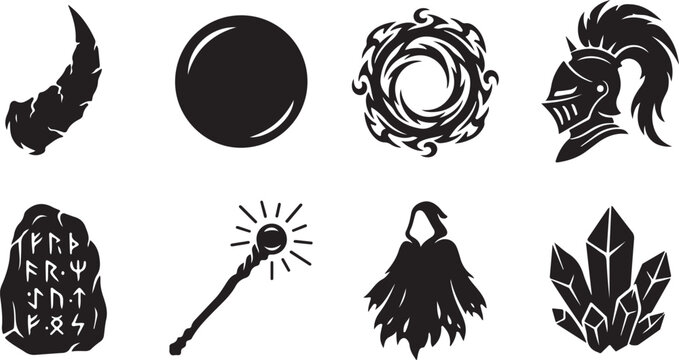 Fantasy icons, magic symbols, black vector set, mystical signs, 8 elements