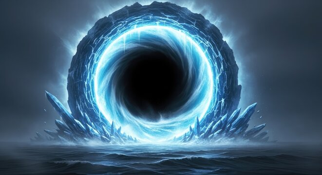 Glowing blue circular portal over icy arctic waters.