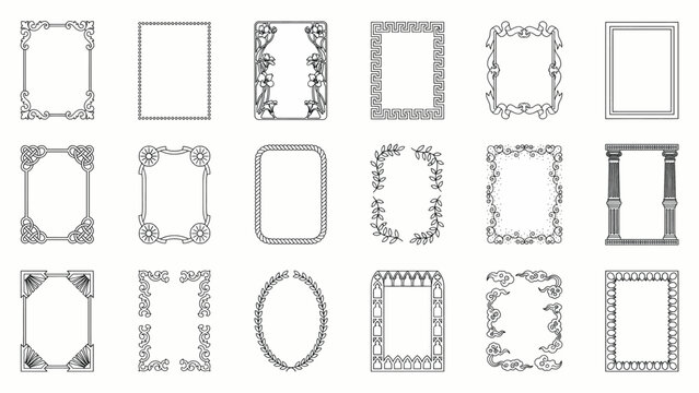 Decorative vector frames collection featuring diverse ornate borders with classic vintage styles and geometric patterns for elegant graphic design projects