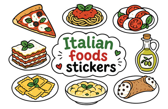 Italian Food Sticker Collection with Pizza Pasta and Traditional Cuisine Vector Illustration