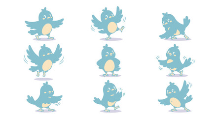 Obraz premium Cute blue bird character set in motion, various cartoon poses, isolated on white