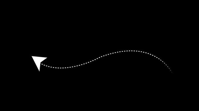 Animated white dotted arrow moving in a curved wavy path on black  background
