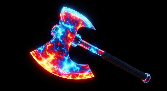 Glowing fire and ice battle axe fantasy weapon.