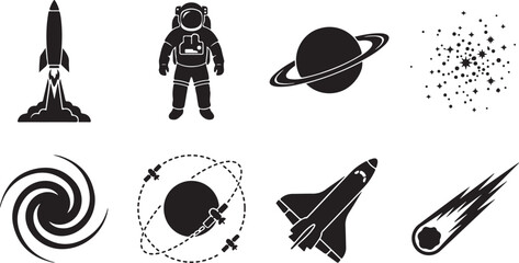 Space icons, astronomy symbols, rocket ship graphics, astronaut vector set © Nayeem