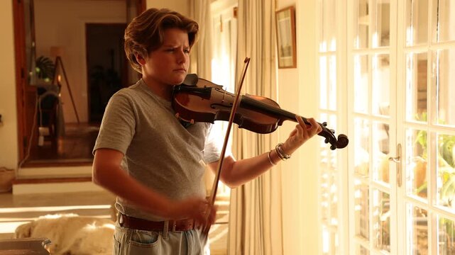 pre teen boy playing violin at home at sunset
