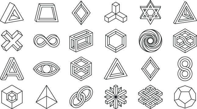 Impossible shapes and optical illusion geometric icons set linear black and white paradox objects vector illustration