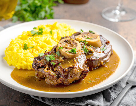 Ossobuco con risotto alla Milanese, veal shanks braised in wine and broth, white plate. AI