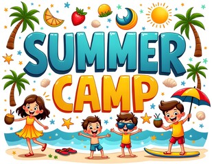 Fototapeta premium Diverse kids enjoying outdoor seaside activities and games at summer camp beach vacation
