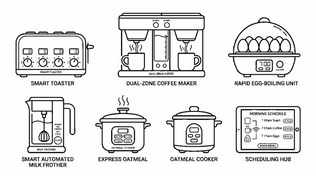 Set of smart kitchen appliance line art icons including toaster coffee maker egg boiler milk frother and slow cooker.