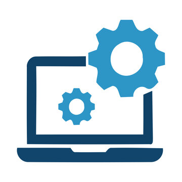 Laptop and Gear Glyph Icon for Technical Support and System Process