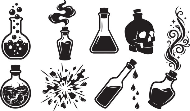 Poison bottles, toxic icons, laboratory symbols, black vector set