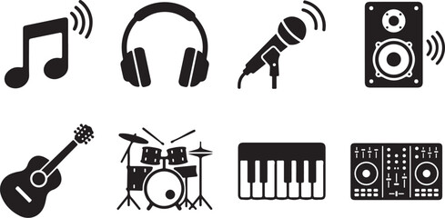 Music icons, sound equipment symbols, audio vector graphics, music instruments © Nayeem