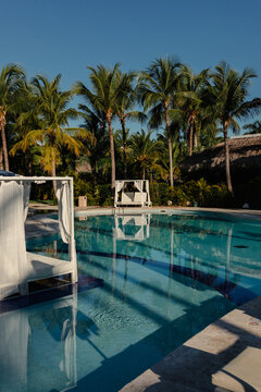 Sunny resort pool with loungers and palms in Punta Cana