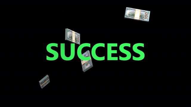 Falling dollars success text &ndash; 3d render looped with alpha channel.