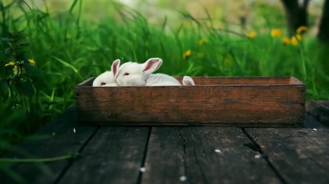 Adorable white rabbits sitting together in a wooden box outdoors in a field of green grass and flowers