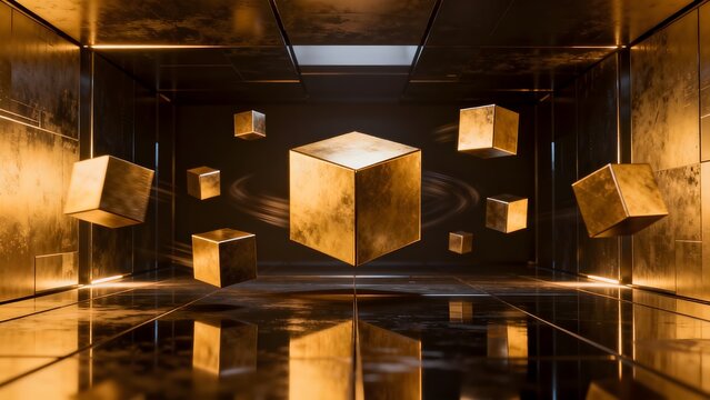 Golden cubes floating in a metallic room