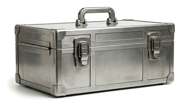 Sturdy Brushed Metal Tool Box Case Equipment Container Isolated on White Background