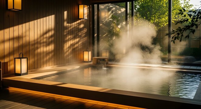 Steam rising from indoor hot spring pool at sunset