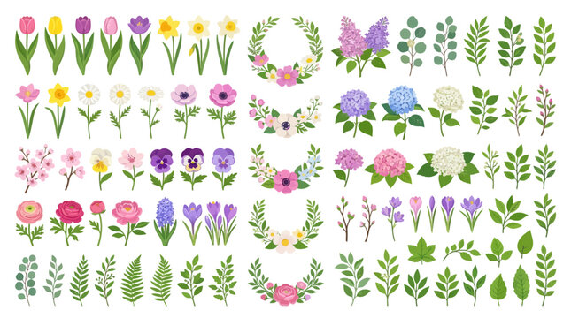 Spring Garden Elements: Flowers, Wreaths, Leaves & Branches - Vector Art