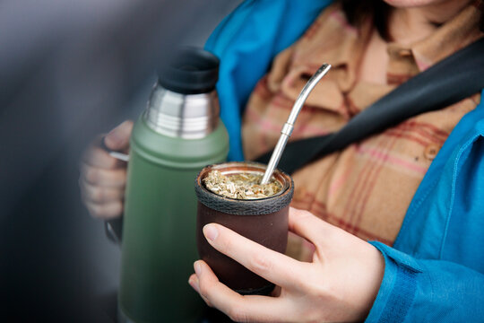 Close up of yerba mate cup an thermos