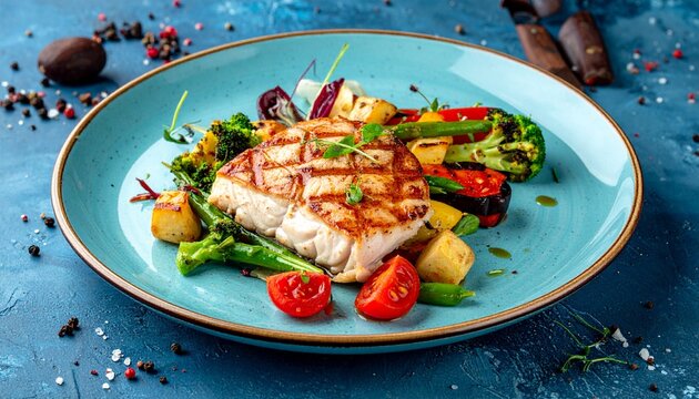 Grilled swordfish steak plated on a blue table with vegetables, premium seafood dish, realistic food photography
